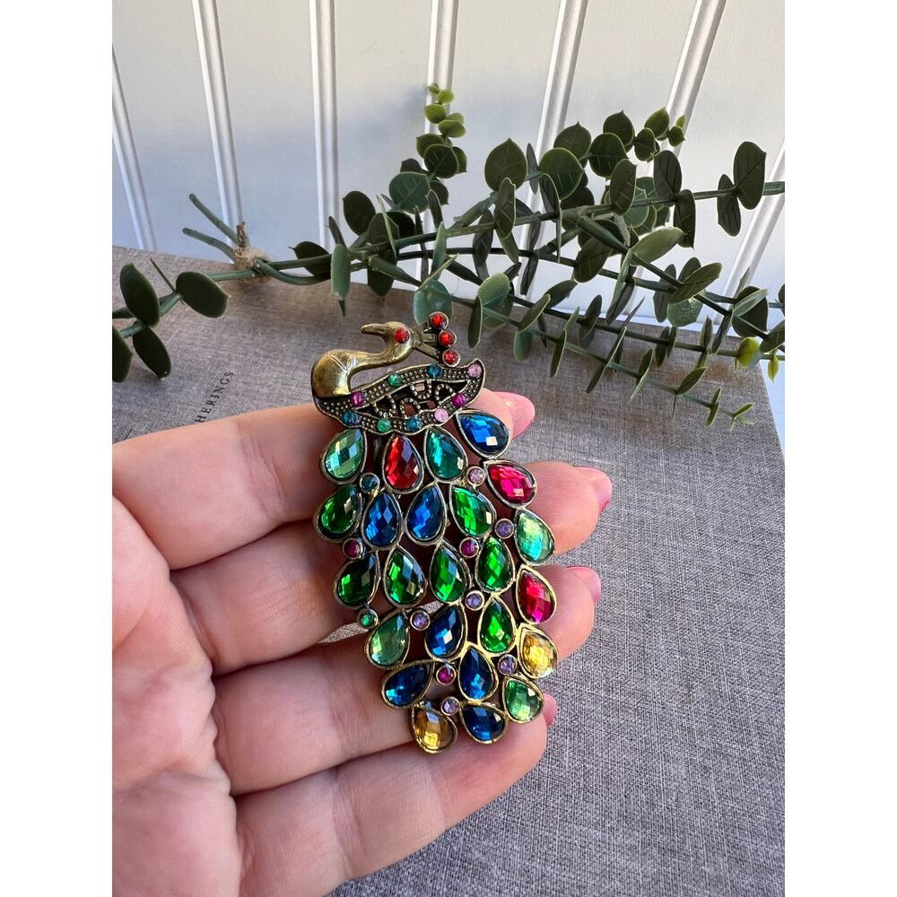 Vintage Rhinestone Colorful Peacock Brooch Vibrant Multicolor Gemstone Bird Pin